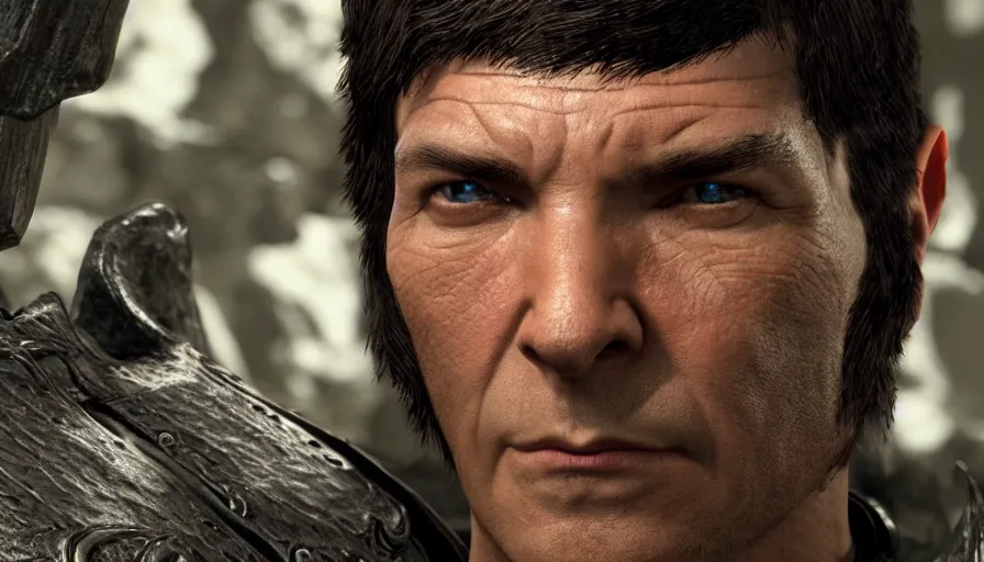 Image similar to close - up skyrim character screenshot of spock, star trek, solo portrait, enb, 4 k, bokeh, beautiful, detailed