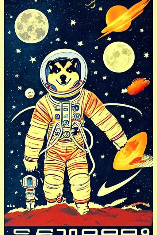 Image similar to Shiba Inu cosmonaut portrait, moon mission, 60s poster, 1968 Soviet Japanese