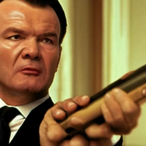 Image similar to Viktor Yanukovych holding a shotgun as the American Psycho, cinematic still