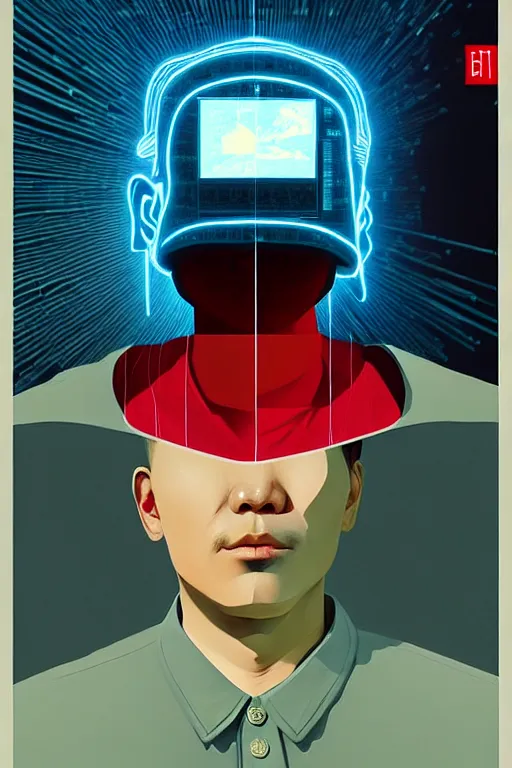 Prompt: north korean hacker wearing oculus and digital glitch head edward hopper and james gilleard zdzislaw beksisnski richard corben higly detailed