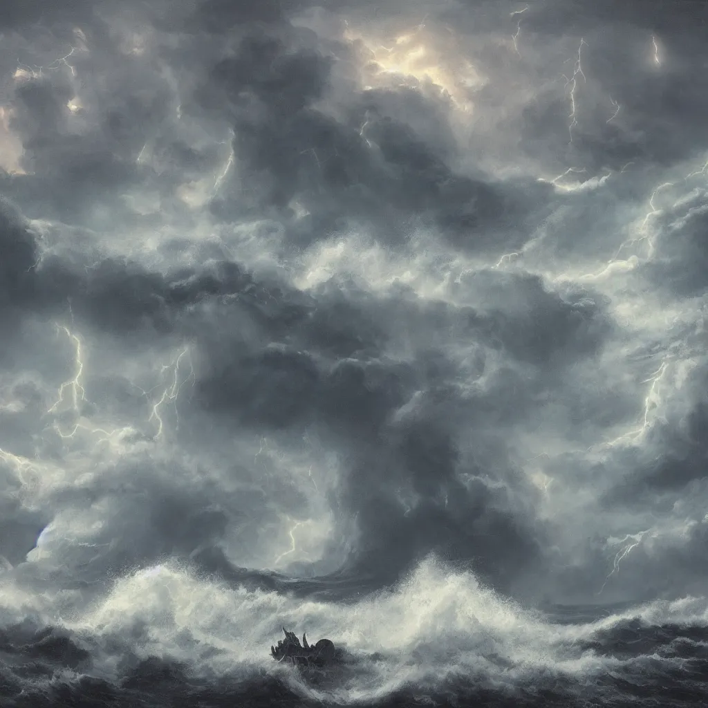 Prompt: a fantasy book landscape with a giant dark kraken. stormy sea with a small boat, giant waves, lightning in the background, oil painting, 4 k