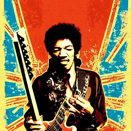 Prompt: jimi hendrix in the style of fallout boy poster