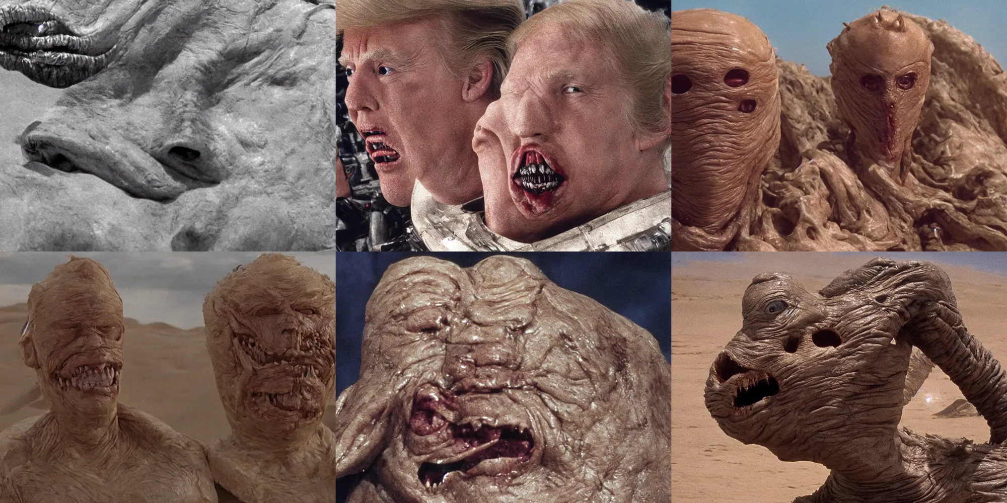 Prompt: cinematic movie still : ( subject =!!!! donald trump head!!!! as!! dune sandworm with open jaw!! + subject detail = sweating, creature from john carpenter the thing, oozing bile )