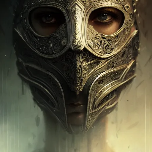 Prompt: Very very very very highly detailed epic photo of face with venetian mask, intricate, dystopian, sci-fi, extremely detailed, digital painting, artstation, concept art, smooth, sharp focus, illustration, intimidating lighting, incredible art by Greg Rutkowski