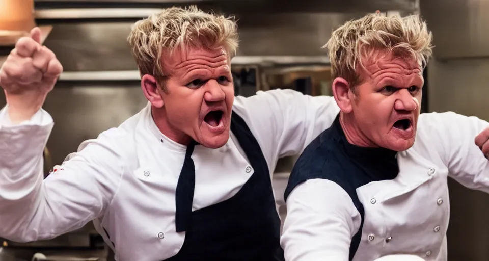 Image similar to photo of angry furious Gordon Ramsay punching Gordon Ramsay at the kitchen