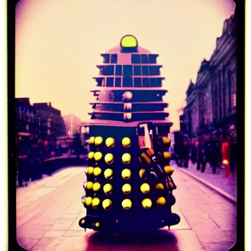 Image similar to dalek in London, sunset, beautiful polaroid photo, by Warhol,