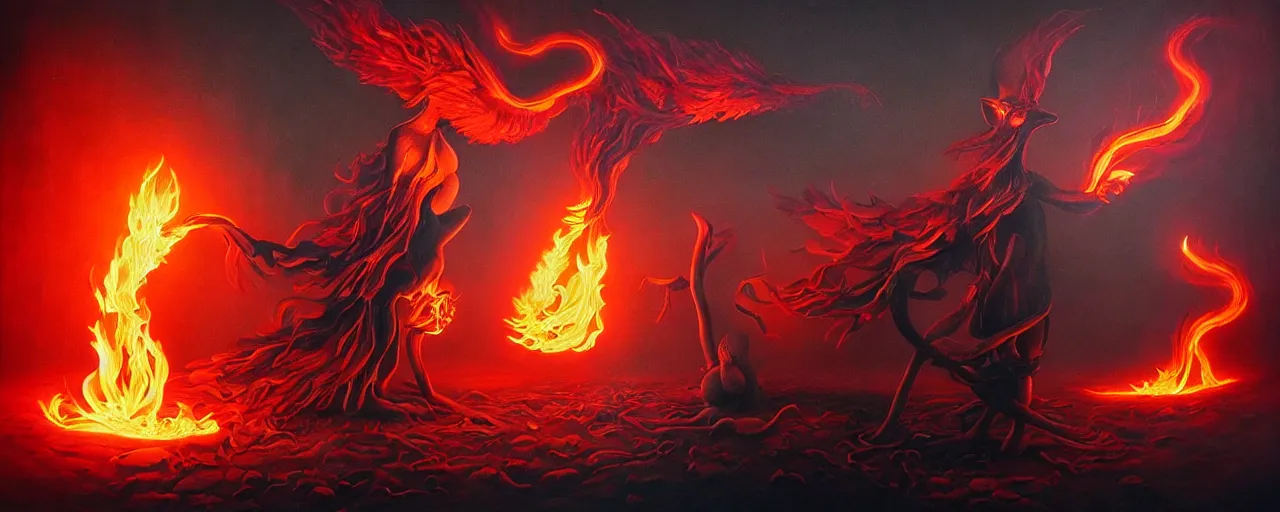 Image similar to whimsical fiery alchemical creatures, surreal dark uncanny painting by ronny khalil