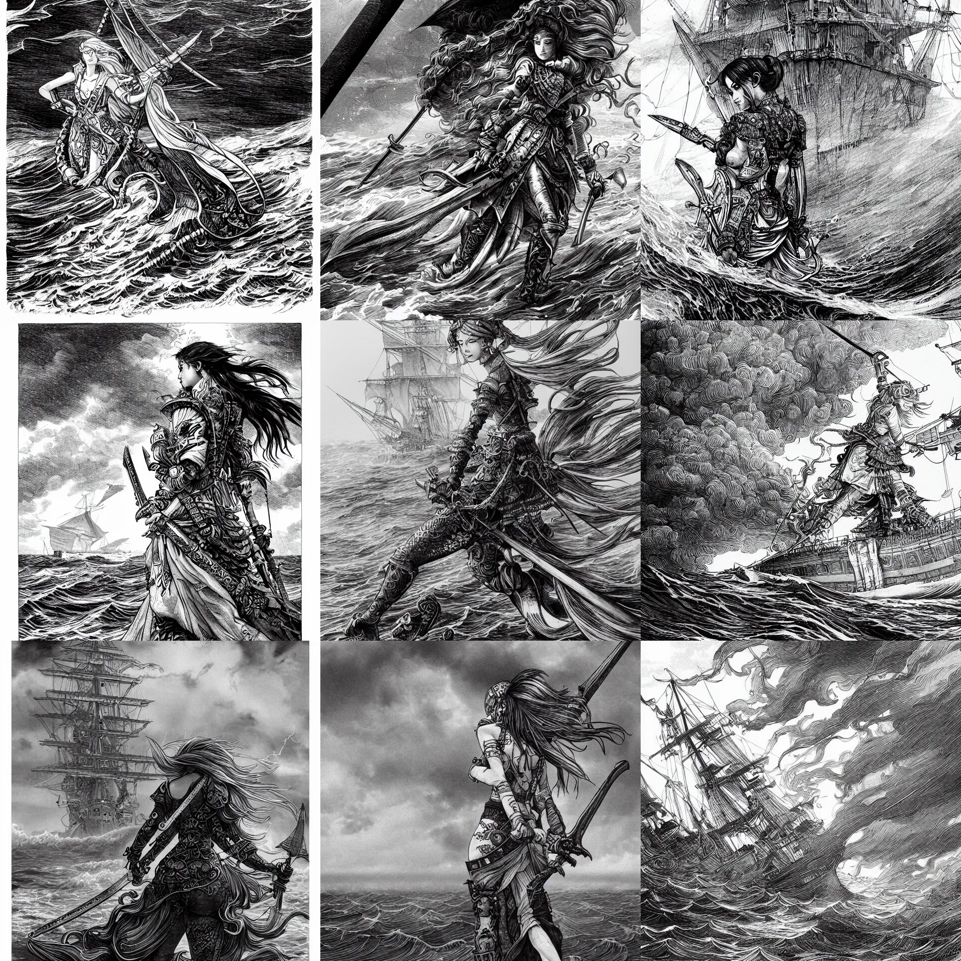 Prompt: highly detailed ink illustration a young woman, with a large sword strapped to her back is standing on the deck of a ship as it sails through a stormy sea, b & w clean shaped illustration by kim jung gi