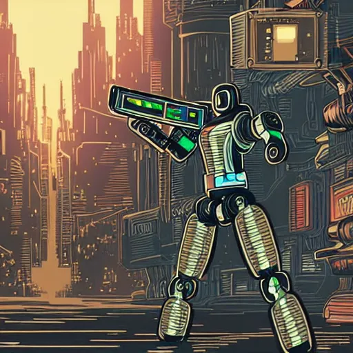 Image similar to detailed, intricate illustration of robot jesus shooting a gun in a cyberpunk city