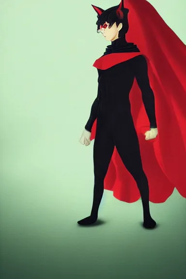 Image similar to little boy with cat ears in an black outfit with red cape. digital artwork made by lois van baarle and kentaro miura, sharpness focus, inspired by hirohiko araki and film noir, anatomically correct, heroic composition, hero pose, smooth