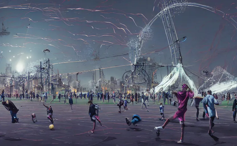 Prompt: people playing football and a spiral - shaped white luminous attractor is floating on the horizon in soviet city, concept art, art for the game, professional lighting, by banksy