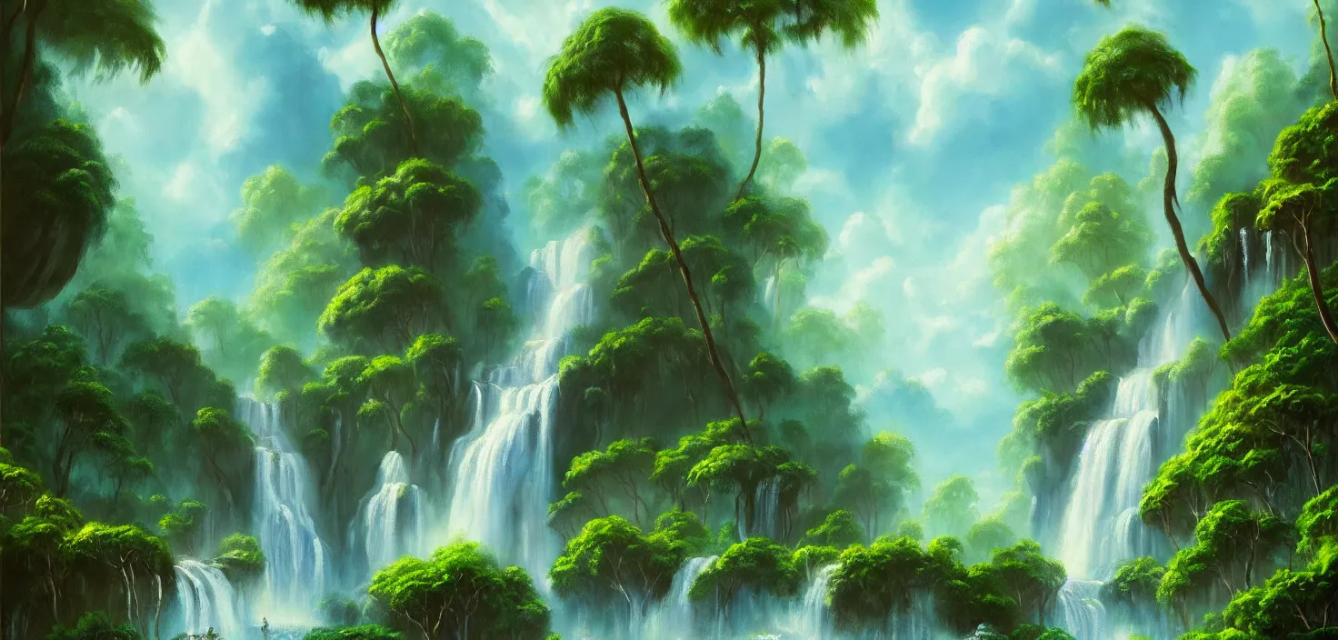 Prompt: a painting of a waterfall in the jungle, a detailed matte painting by bob ross, deviantart, fantasy art, matte painting, detailed painting, 2 d game art