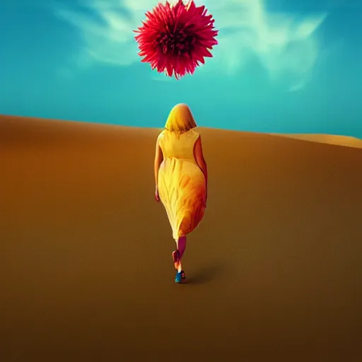 Image similar to closeup giant dahlia flower over the head, girl walking between dunes, surreal photography, sunrise, blue sky, dramatic light, impressionist painting, digital painting, artstation, simon stalenhag