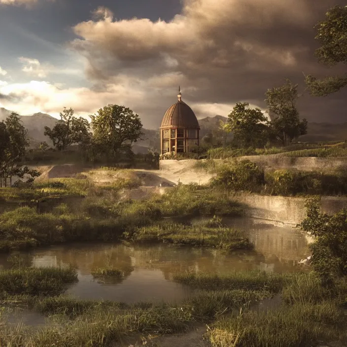 Image similar to a building in a serene landscape, hyper realistic