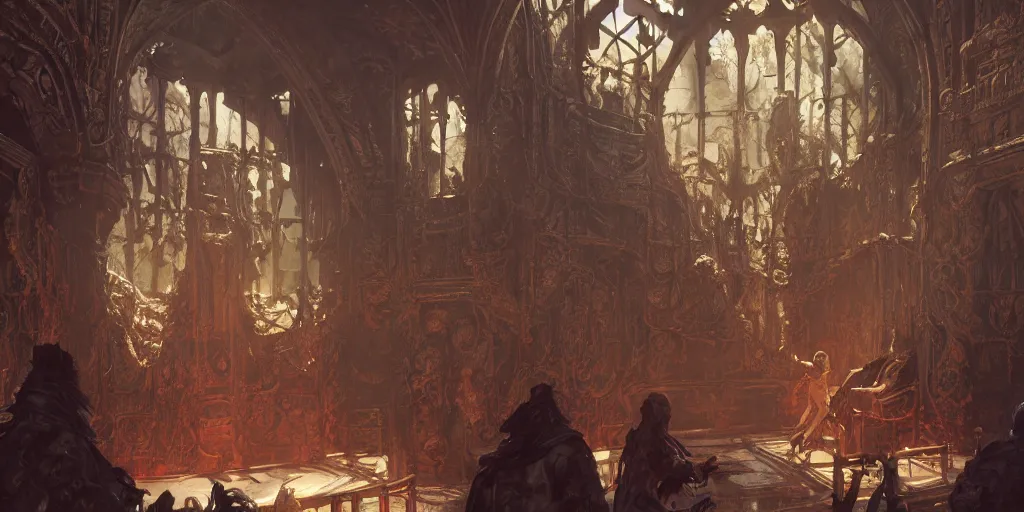 Image similar to ultra realistic illustration,, hell torture chamber interior from doom and warhammer, intricate, elegant, highly detailed, digital painting, artstation, concept art, smooth, sharp focus, illustration, art by artgerm and greg rutkowski and alphonse mucha