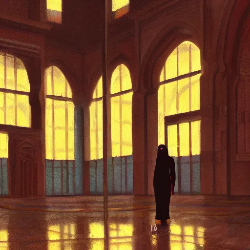 Image similar to beautiful woman, courtyard, capital, mosque interior, reflections, control panel, watcher, omniscient, tech noir, few neon signs, matte painting, speed painting, chiaroscuro, oil on canvas