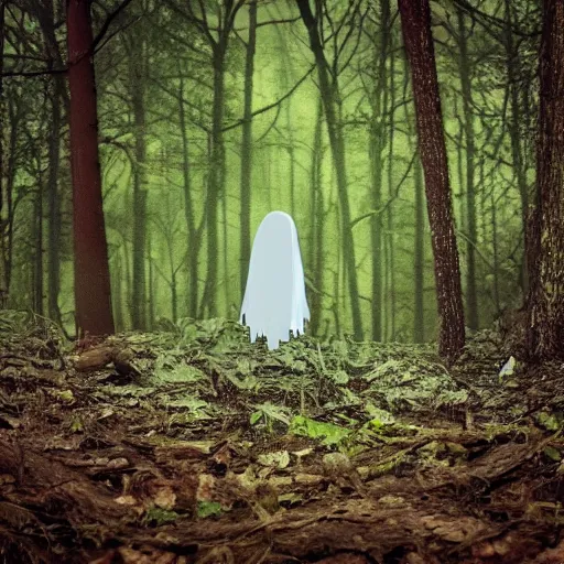 Image similar to found footage video of a ghost in a forest