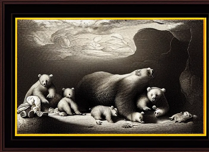 Image similar to Pieter Claesz's 'a bear and her cubs sleeping in a dark cave, lit by hole in roof', night time, cross hatching, framed, monochrome, colours of the sunset