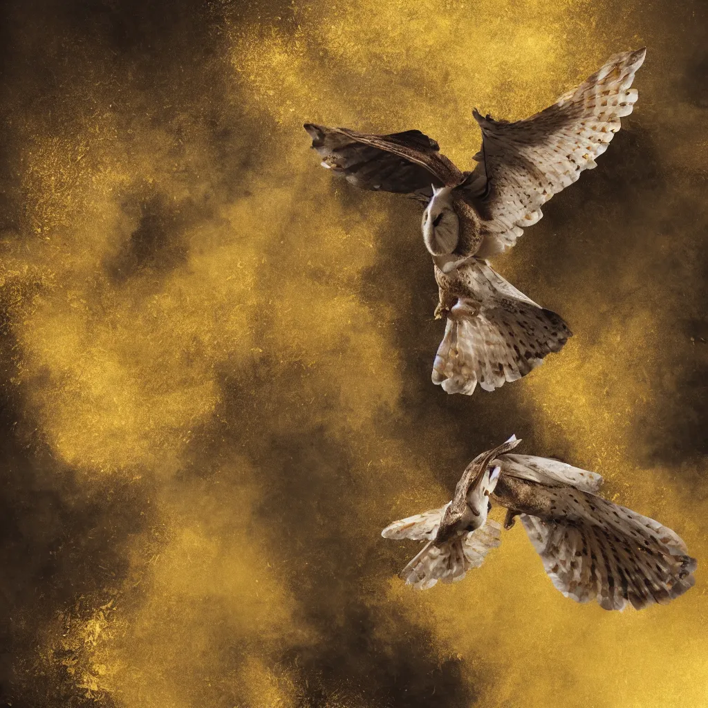 Prompt: flying barn owl with feathers made of gold leaf, losing feathers, dark forest, black background, light leaks, light bloom, octane render, dramatic action shot