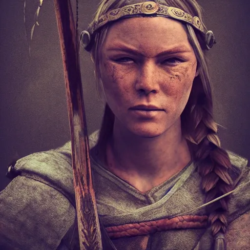 Prompt: a portrait of a female Viking warrior, rustic and weathered, holding a bow, retro, with a scar on her face. trending on artstation, ambient lighting, 4k render, ultra hd, behance art