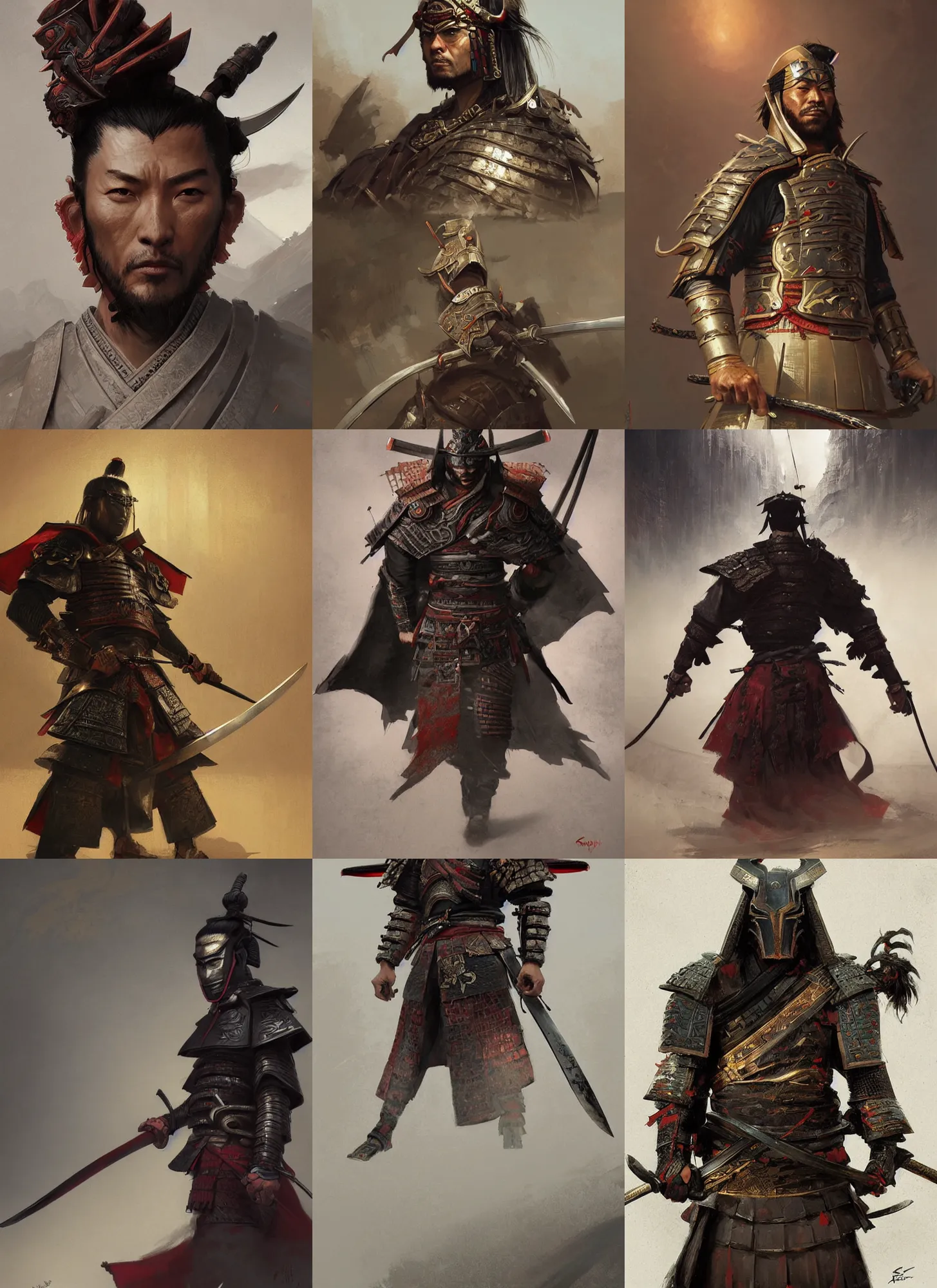 Prompt: samurai, front view, highly detailed, digital painting, artstation, concept art, sharp focus, illustration, orientalism, art by aleksi briclot and greg rutkowski and raphael lacoste and magali villeneuve