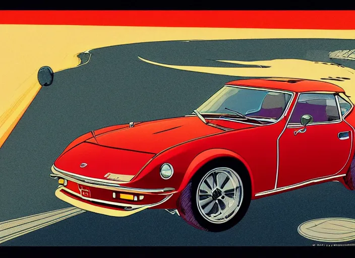 Image similar to highly detailed 1 9 6 9 red datsun fairlady roadster, retro minimalist art by jean giraud, moebius starwatcher comic, sharp, 8 k