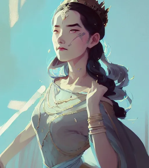 Prompt: portrait of a female immortal queen in amazing dress 汉 服 by atey ghailan, by greg rutkowski, by greg tocchini, by james gilleard, by joe fenton, by kaethe butcher, dynamic lighting, gradient light blue, brown, blonde cream and white color scheme, grunge aesthetic