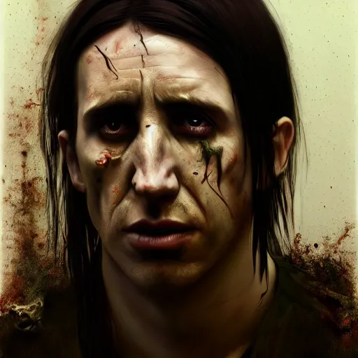 Image similar to color portrait of young and handsome trent reznor as a zombie with shoulder length hair, 7 days to die zombie, realistic proportions, fine art, award winning, intricate, elegant, sharp focus, cinematic lighting, digital painting, 8 k concept art, art by brom, art by guweiz and z. w. gu, art by michael hussar, 8 k