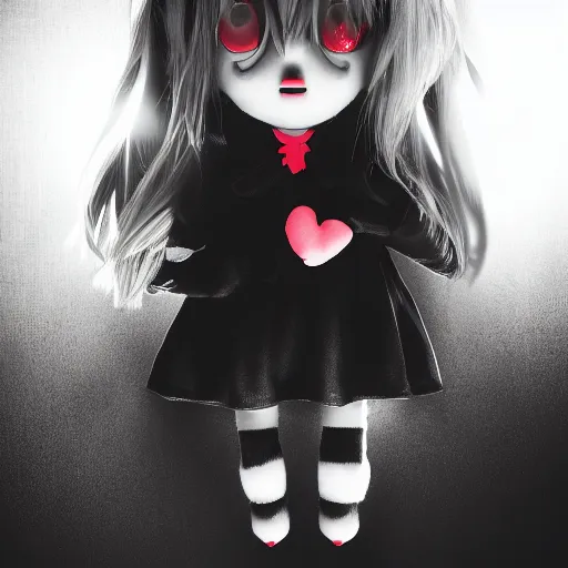 Prompt: cute fumo plush of a girl who is covering up a murder she committed, suspect, red lighting lens flare, black and white, horror film, vray