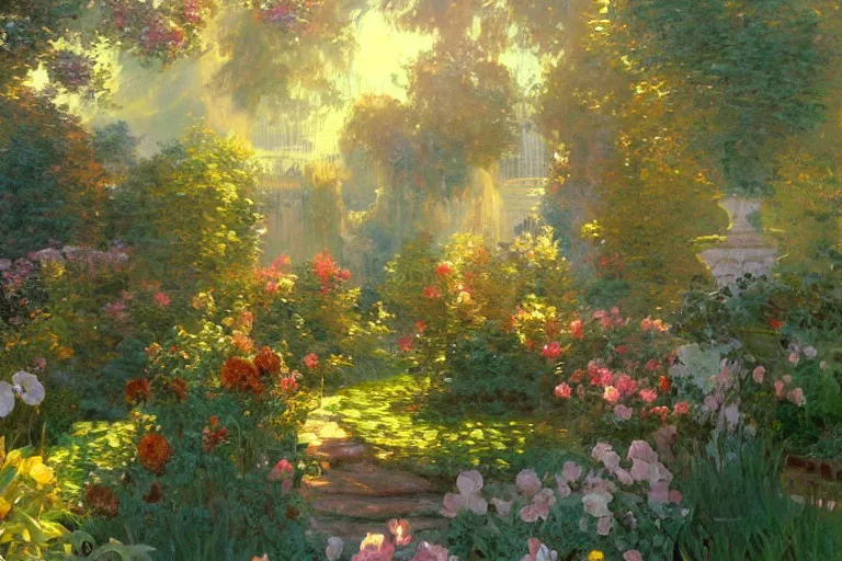 Prompt: a beautiful painting of a garden, ray of light, warm, shimmering and prismatic, rococo, by krenz cushart and mucha and monet, trending on artstation.