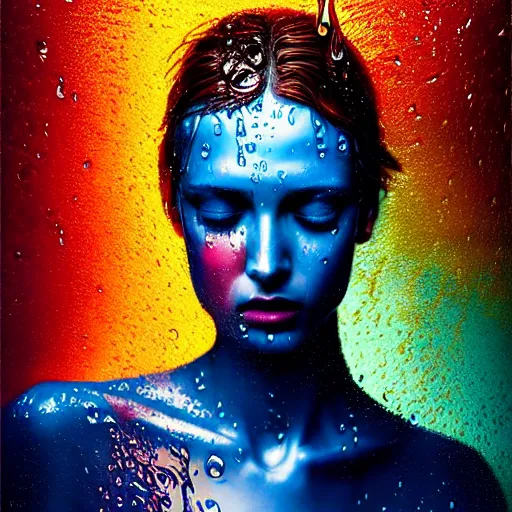 Image similar to dramatic portrait of revelation in uniquely colored rain with wet hair and face, liquid drops, epiphany, bliss, fantasy, intricate, elegant, dramatic lighting, highly detailed, lifelike, photorealistic, digital painting, artstation, concept art, smooth, sharp focus, illustration, art by John Collier and Albert Aublet and Krenz Cushart and Artem Demura and Alphonse Mucha