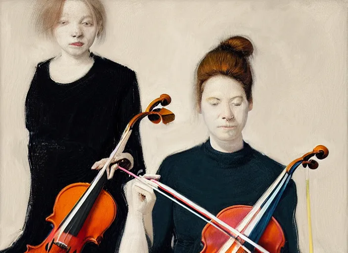 Prompt: portrait of two young violin players getting ready to perform looking, half figure front, francis bacon and pat steir and hilma af klint and james jean, psychological, photorealistic, intriguing details, rendered in octane, altermodern