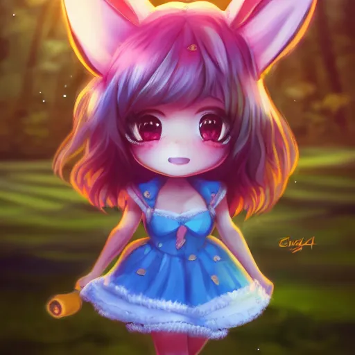 Prompt: chibi bunny girl trending on cgsociety, pop surrealism, photoillustration, 8k, ultra realistic , lens flare, atmosphere, glow, detailed, intricate, full of colour, cinematic lighting, trending on artstation, 4k, hyperrealistic, focused, extreme details, unreal engine 5, cinematic, masterpiece