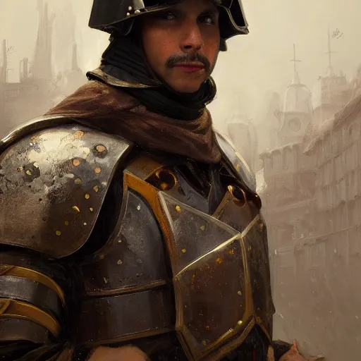 Prompt: Medium shot young idealistic and pious homely male Imperial soldier wearing a black tabard with light yellow accents over a brown gambeson and a {realistic steel helm!!!!!}, by Raymond Swanland Greg Rutkowski Lise Deharm, {perfect face}, {perfect eyes}, {uncertain look}, {on edge}