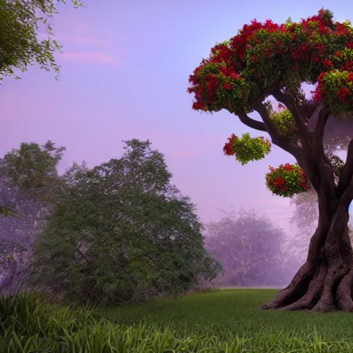 Image similar to a realistic photograph of the garden of eden with the tree of life in the center, hyperrealistic, cinema 4 d, cinematic, rendering unreal engine 5