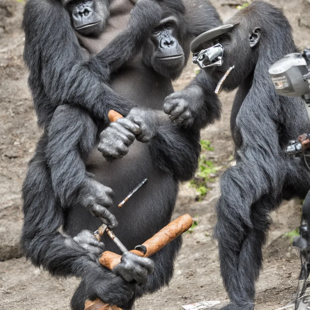 Prompt: gorilla smoking a cigar dragging a sledgehammer wearing tascam headphones