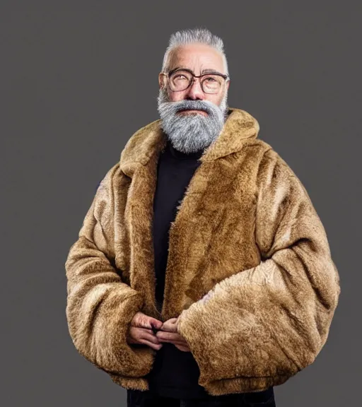 Prompt: detailed attractive characther portrait of jimmy faloon wearing oversized cow skin jacket and gold beard, realistic, wide angle, dramatic light 8 k