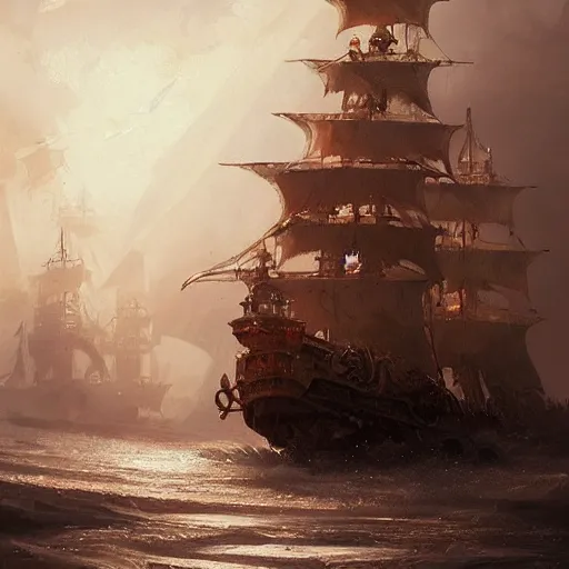 Prompt: detailed gold pirate ship by greg rutkowski, enigmatic atmosphere, beautiful and cinematic lighting, artstation hq.