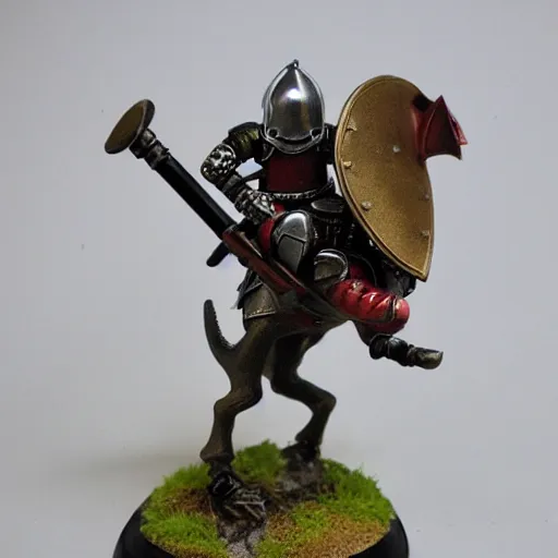 Prompt: Warhammer mini of medieval english knight with sword riding a dinosaur