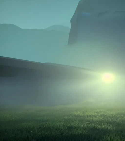 Image similar to green cross lights in the artic, volumetric lighting, fog, majestic light, octane render, ethereal glare of the sun, hyperrealistic, epic, masterpiece, by makoto shinkai, by peter zumthor