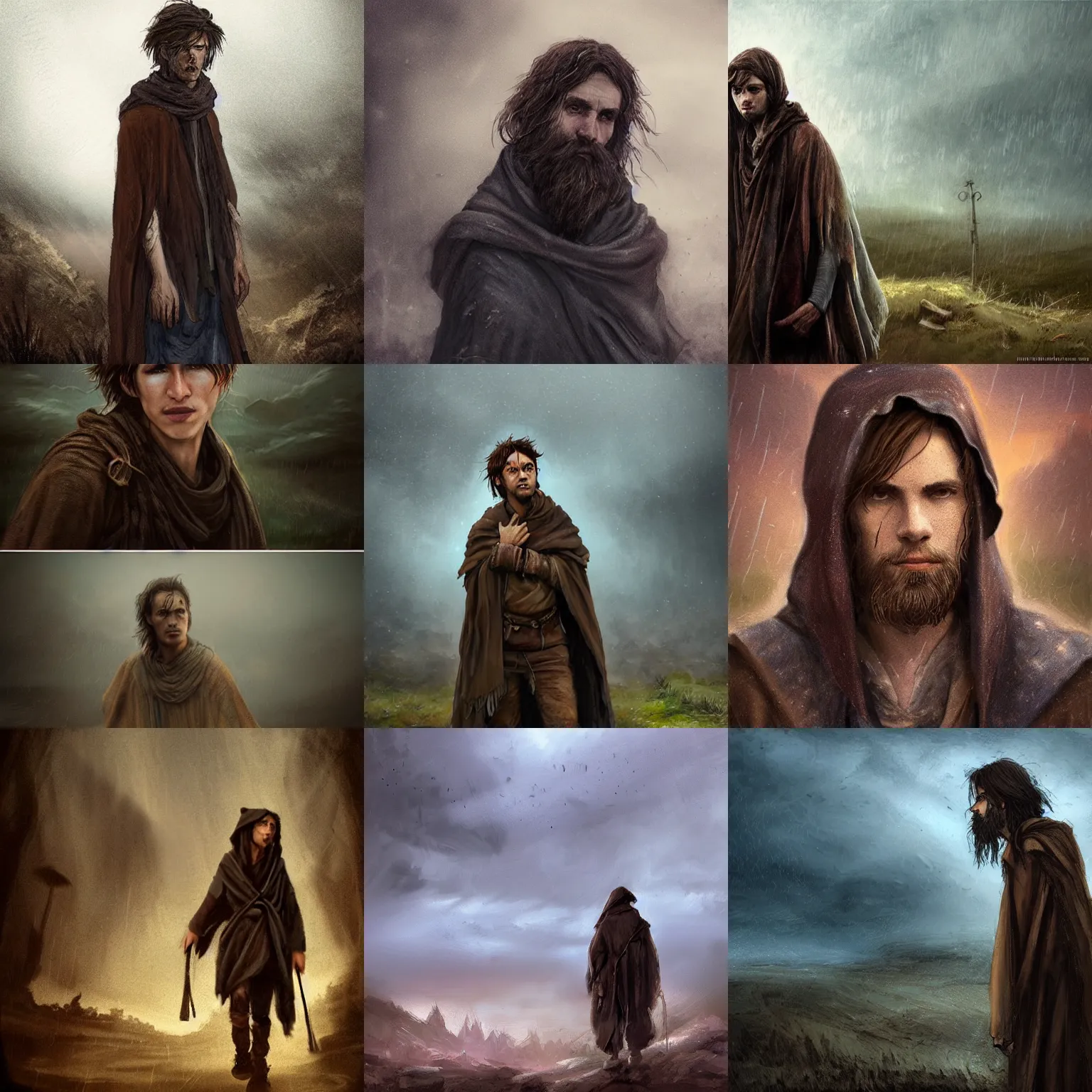 Prompt: a melancholic wandering wizard in his 20s, dressed in a ragged, dirty brown traveling cloak. The background is a poor village in the thunder storm, high detail, photorealistic, cinematic lighting, blue tones, fantasy concept art by Anastasia Lerno and Anastasia Ovchinnikova, trending on ArtStation.