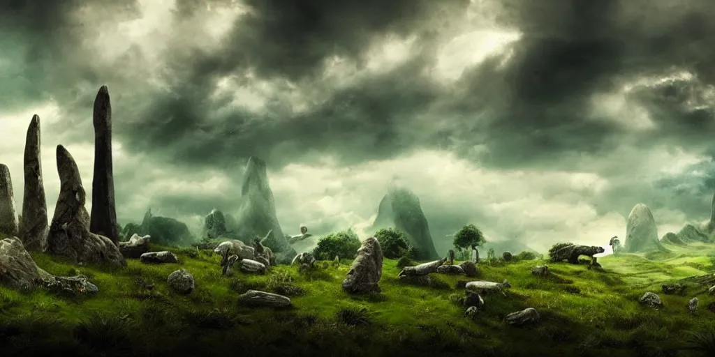 Image similar to fantasy landscape, ancient Ireland, standing stones, dramatic clouds, atmospheric, green hills, dinosaurs, ancient Irish hunters riding dinosaurs