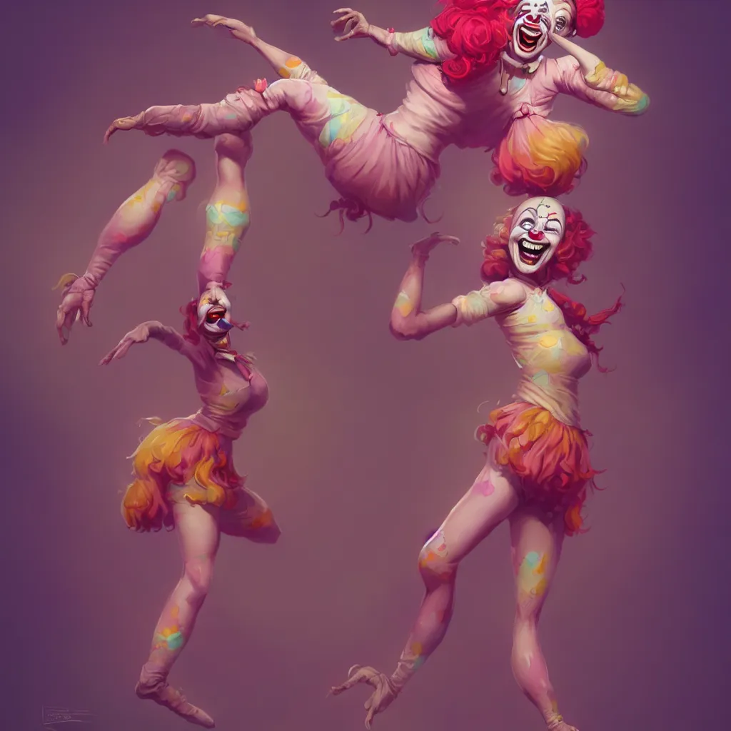 Image similar to a beautiful female clown laughing, full - body and head view, highly detailed, zeronis style, artstation, soft light, sharp focus, illustration, character design, concept art