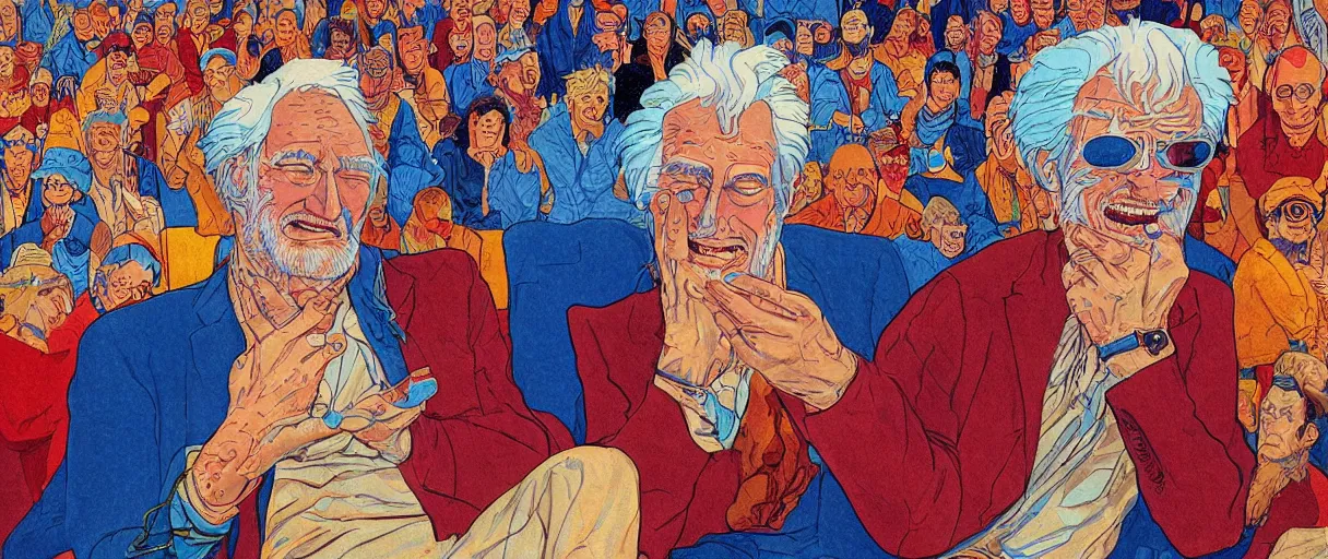 Image similar to an awesome jean giraud digital art masterpiece of timothy leary laughing while sitting cross - legged on a pillow and giving a talk to a small audience
