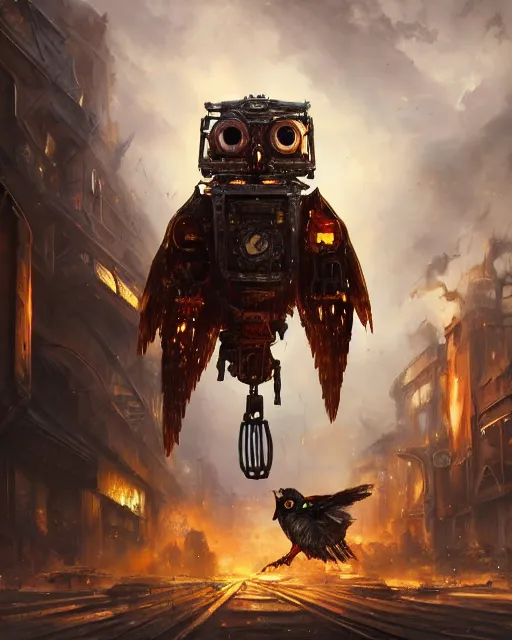 Prompt: oil painting of exploding steampunk city, Gigantic Steampunk Owl Robot above, sharp focus, full body, heroic pose, fantasy style, octane render, volumetric lighting, 8k high definition, by greg rutkowski, highly detailed, trending on art Station, magic the gathering artwork, centered, dramatic artwork, combat scene