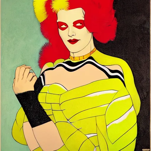 Image similar to art by joshua middleton, a medium shot portrait of the golden creeper, a tall manically smiling yellow - skinned woman with green and black striped cycling shorts and wearing a long red and black striped ostrich feather boa, yellow makeup, mucha, kandinsky, poster, art deco motifs, comic art, stylised design, scarlet feather boa