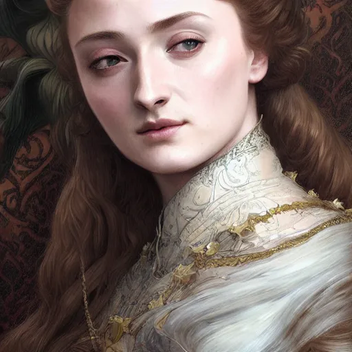 Image similar to portrait of sansa stark with long hair, intricate, elegant, highly detailed, digital painting, artstation, concept art, smooth, sharp focus, illustration, art by artgerm and greg rutkowski and alphonse mucha and william - adolphe bouguereau