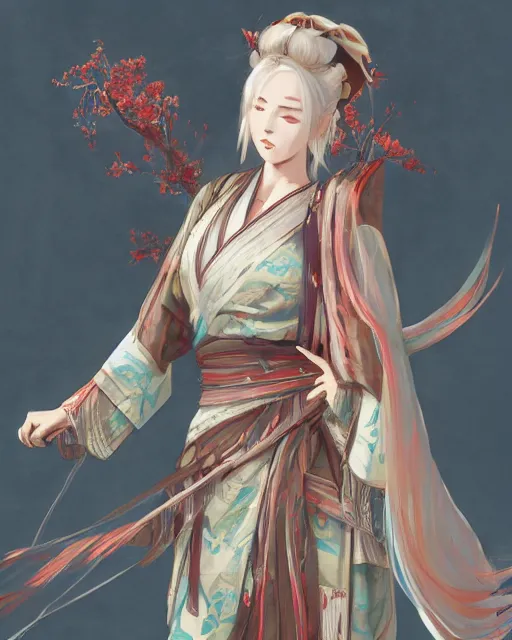 Image similar to A full-body anime portrait of Ssunbiki as a beautiful woman wearing a kimono from Skyrim, by Stanley Artgerm Lau, WLOP, Rossdraws, James Jean, Andrei Riabovitchevy, Marc Simonetti, and Sakimichan, trending on artstation