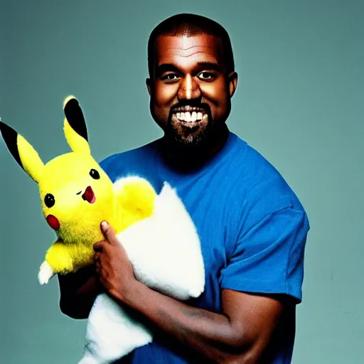 Image similar to kanye west smiling holding pikachu for a 1 9 9 0 s sitcom tv show, studio photograph, portrait c 1 2. 0