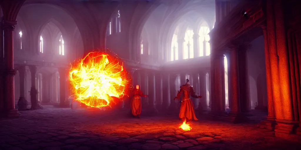 Prompt: A view of a mage casting fireball in Elizabethan era town, foggy, ruins, hyperdetailed, concept art, cinematographic, wide angle camera, unreal engine